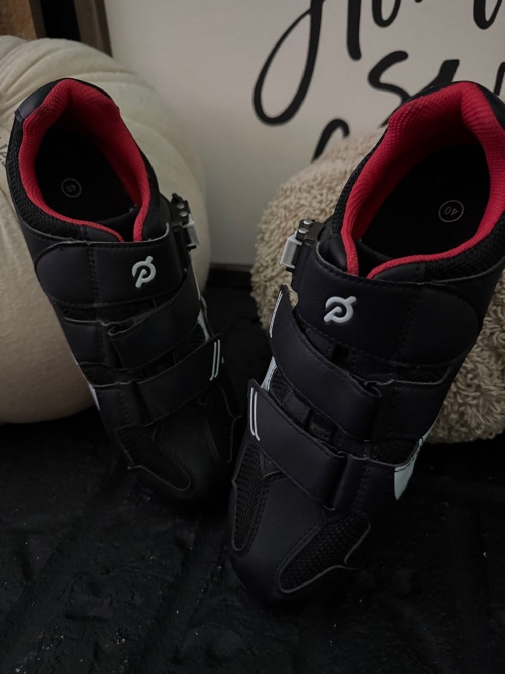 Peloton Black cycling shoes with Red Lining and White peloton Accents